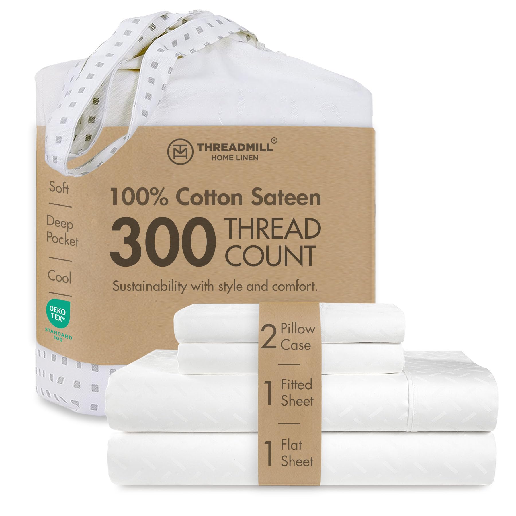Threadmill Home Linen Queen Sheets - Pure Long Staple Cotton, Astra Jacquard Damask Weave, 4 Piece 300 Thread Count Bedding Set, Silky Smooth Hotel White Sheets with Elasticized Deep Pocket