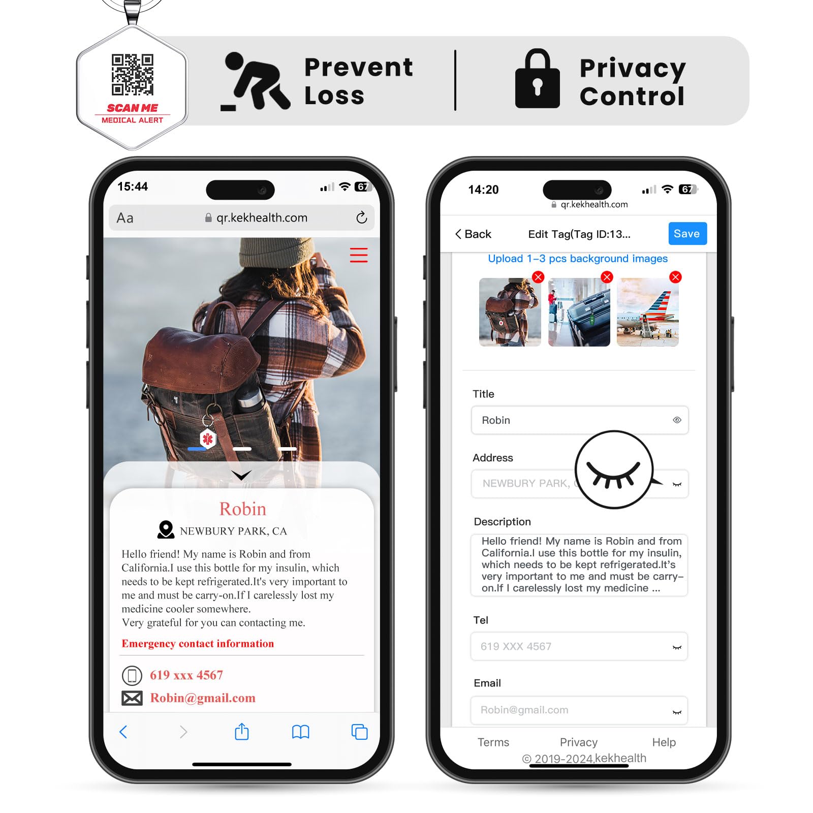 2PCS QR Medical Alert ID Tag Life Alert Keychain Epipen Alert Pendant for Women,QR Online Profile for Emergency Contacts