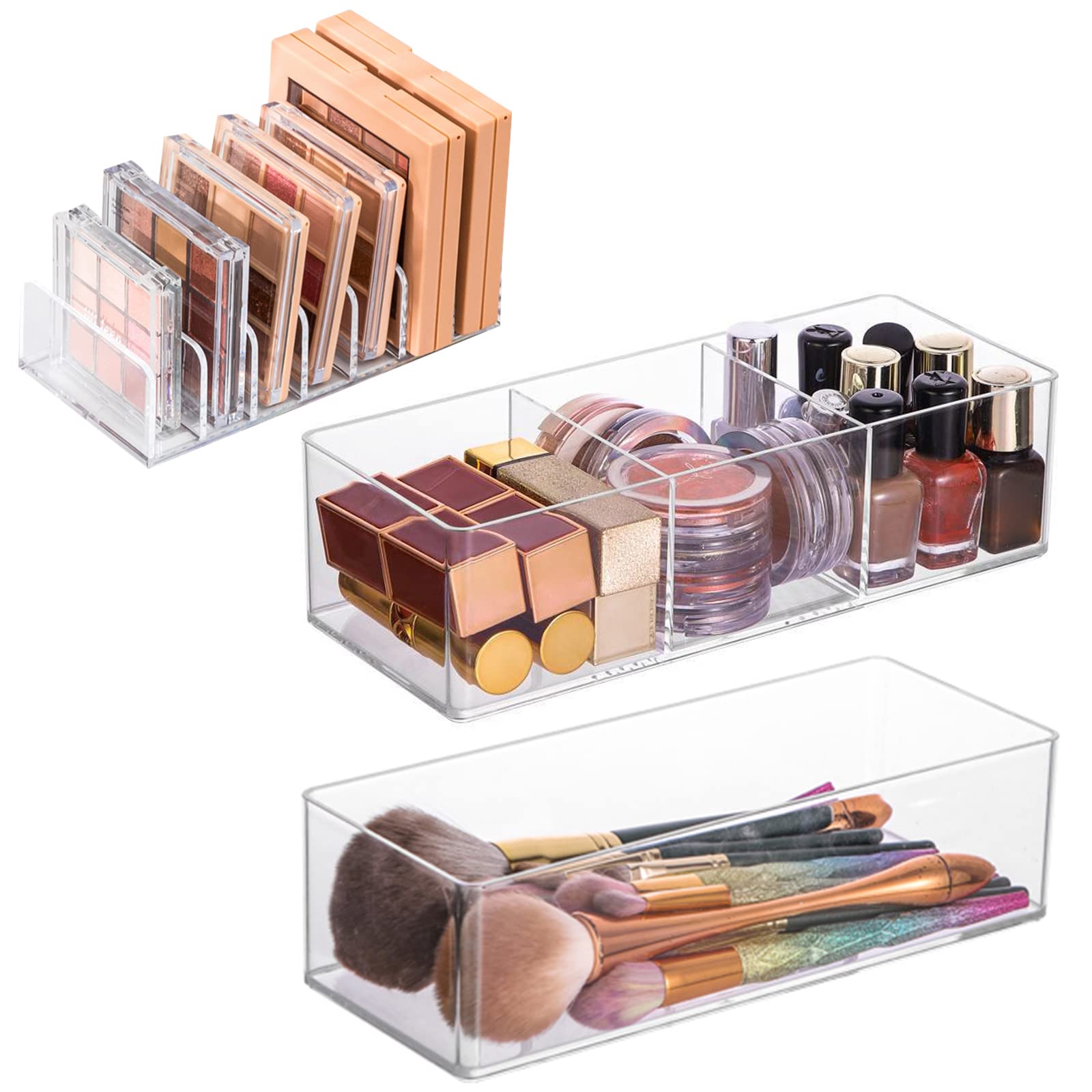 Anruyi Set of 3 Cosmetic Drawer Organiser, Clear Makeup Organiser 3 Compartments Acrylic Makeup Organiser and 7-Section Divided Makeup Organizer for Eyeshadow Lipsticks Makeup Brushes, Transparent