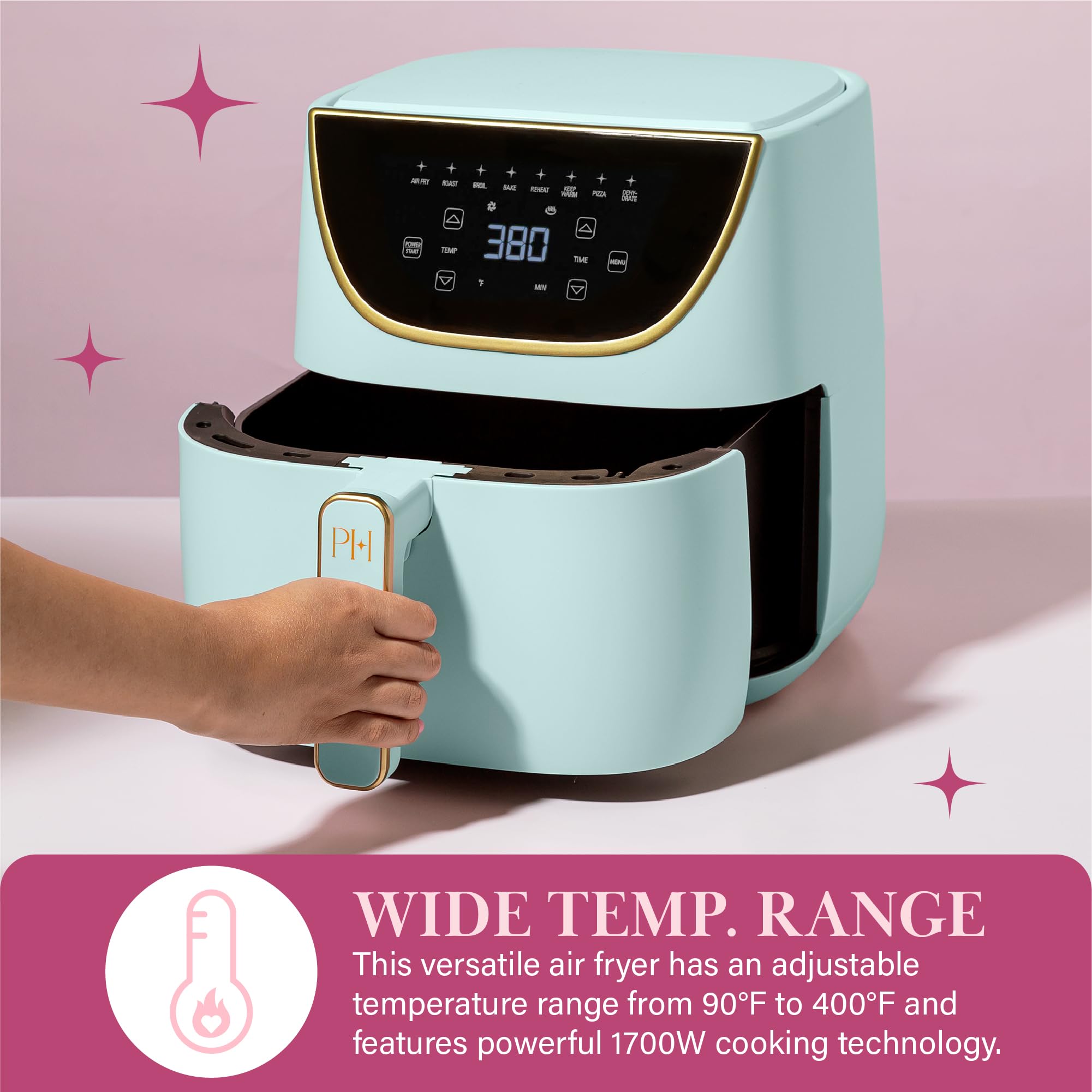 Freidora de aire Paris Hilton, gran capacidad de 6 cuartos, antiadherente fabricada sin PFAS, pantalla táctil, 8 en 1 (freír, asar, asar, hornear, recalentar, mantener caliente, pizza, deshidratar), apta para lavavajillas, Aqua