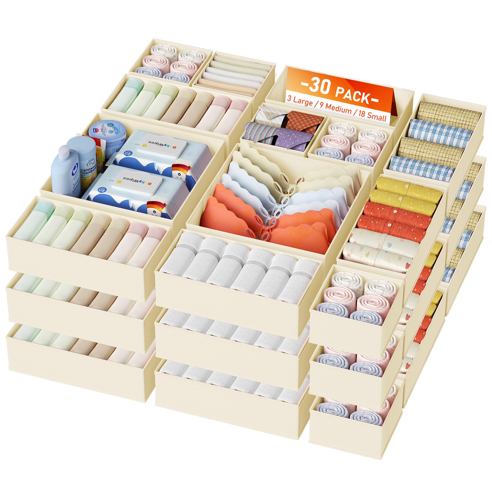 DIMJ Drawer Organizer Clothes, 30 Pack Dresser Organizer, Foldable Closet Organizers and Storage, Fabric Dresser Bins, Drawer Dividers for Nursery, Baby Clothes, Underwears, Sock,Beige Image