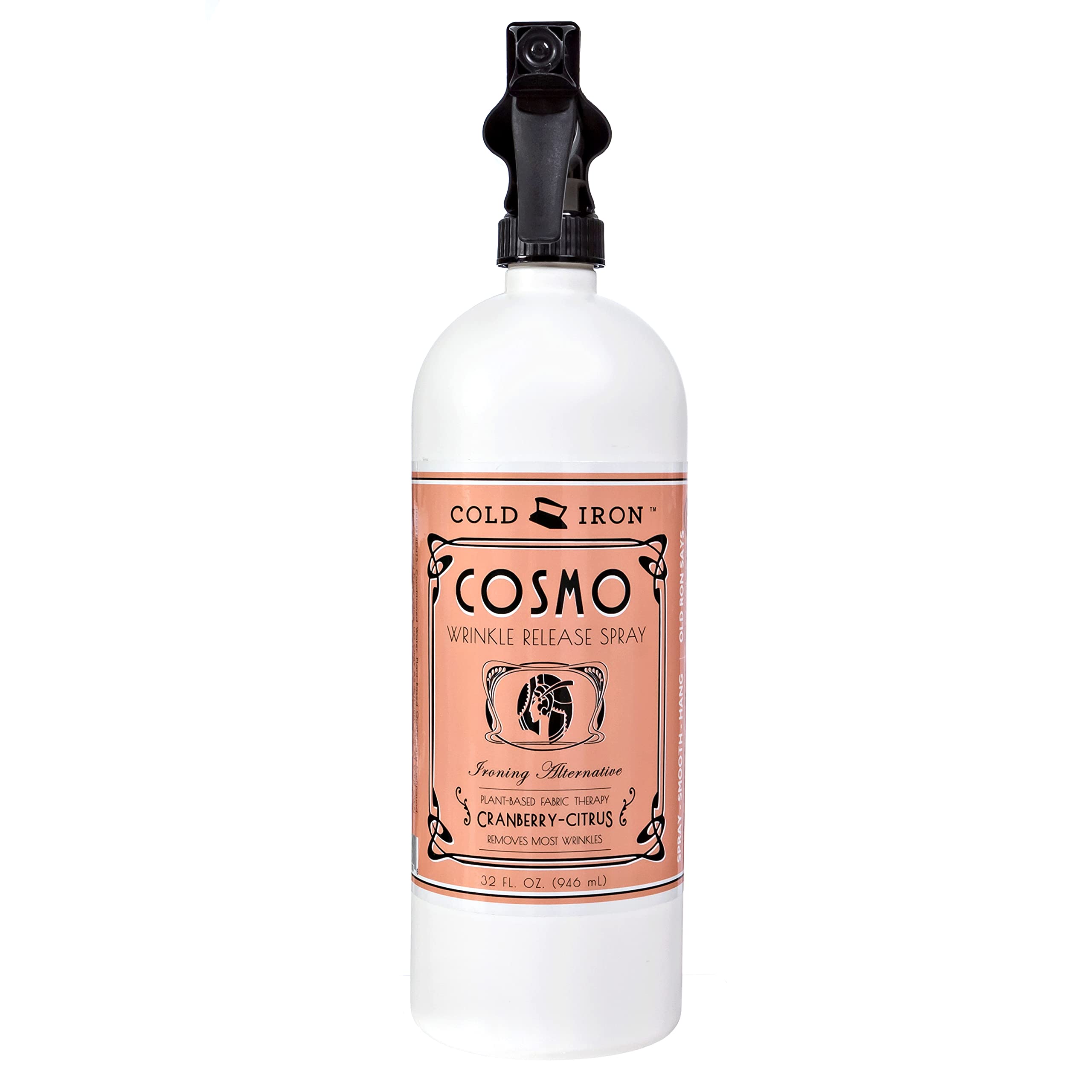 Cold Iron Wrinkle Release Spray 32 fl oz. Cranberry-Citrus. Plant Based Ironing Alternative. Fast, Easy to Use. Spray, Smooth, Hang. Award Winning Formula to Save You Time