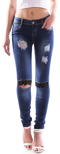 Style-Station24 Damen Jeans Hüftjeans Röhrenjeans mit Rissen am Knie blau
