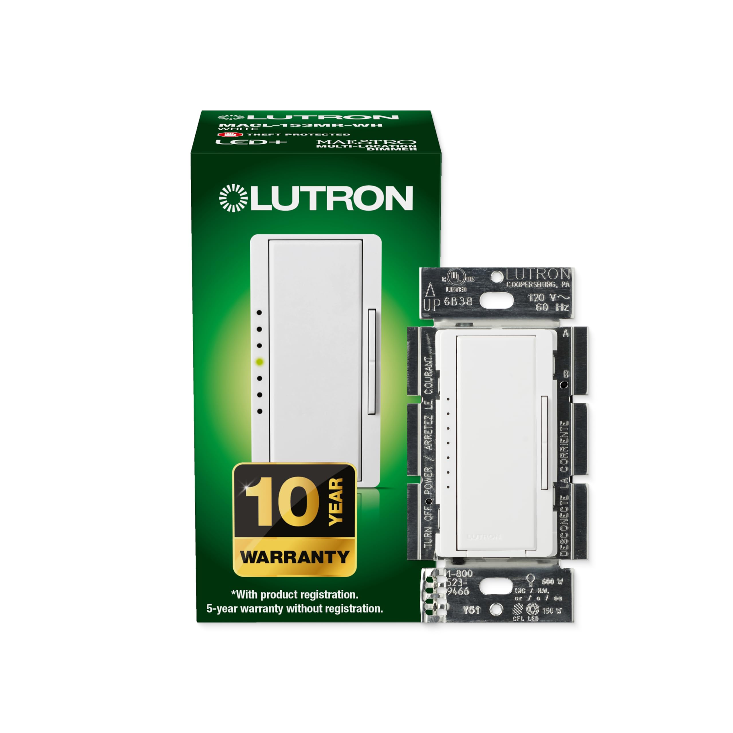 Photo 1 of Lutron Maestro LED+ Dimmer Switch for Dimmable LED, Halogen and Incandescent Bulbs, 150W/Single-Pole or Multi-Location, MACL-153M-WH, White