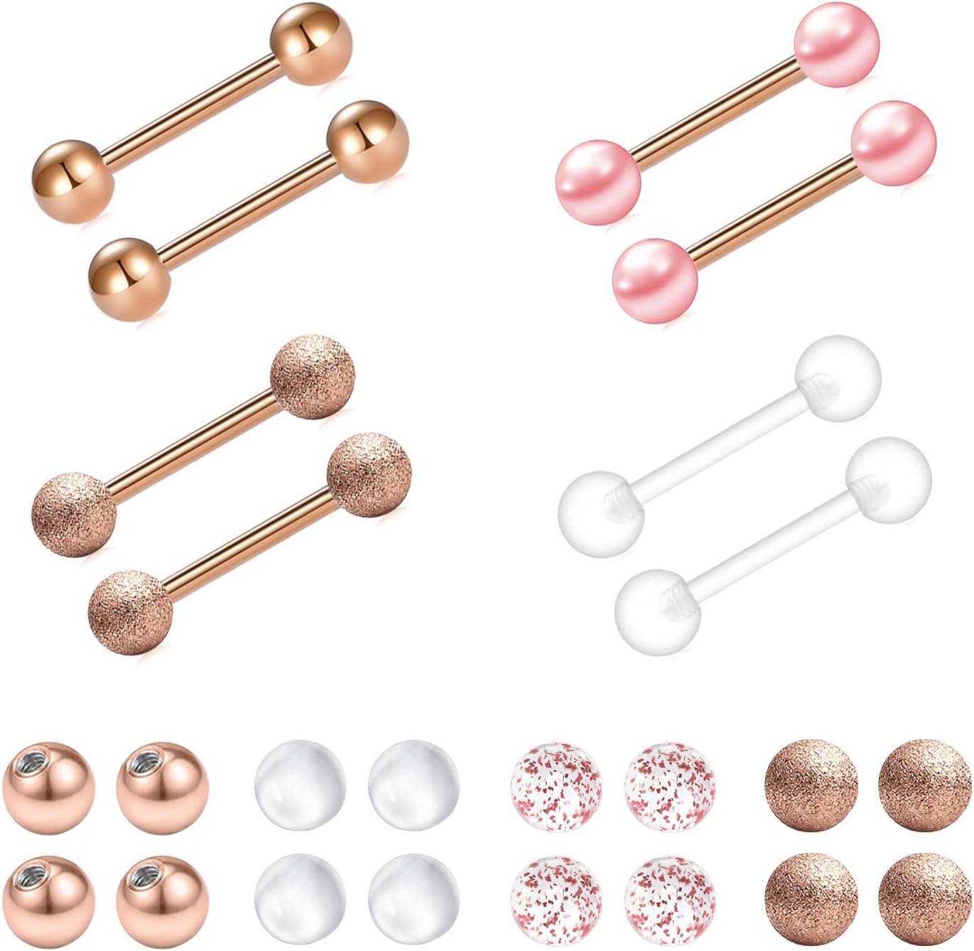Briana Williams 4pairs Tongue Rings w Replacement Balls 14G 12-18mm Nipple Straight Piercing Barbells Surgical Steel Tongue Rings for Women