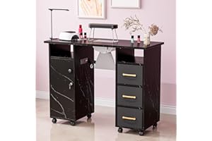 Belandi Manicure Table Nail Station with Charging Station, Marbling Texture Nail Tech Table Nail Table Station w/Dust Collector, Power Outlets, LED Lamp, Non-Woven Drawers & Wrist Cushion(Black)