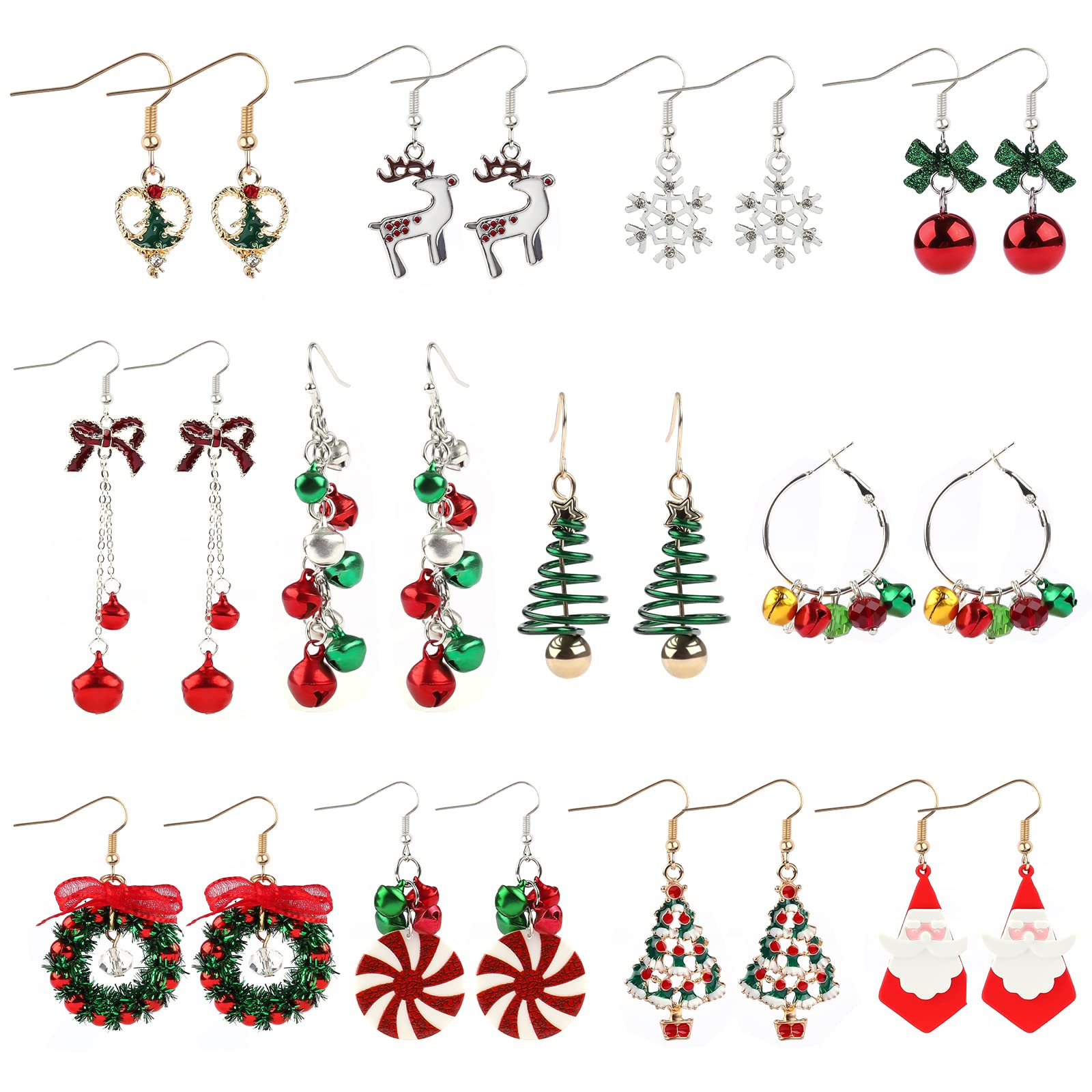 12 Pairs Christmas Dangle Earrings, Kalolary Christmas Tree Santa Claus Bow Jingle Reindeer Snowflake Plated Alloy Xmas Earrings Christmas Themed Pierced Hook Drop Earrings for Women Girls