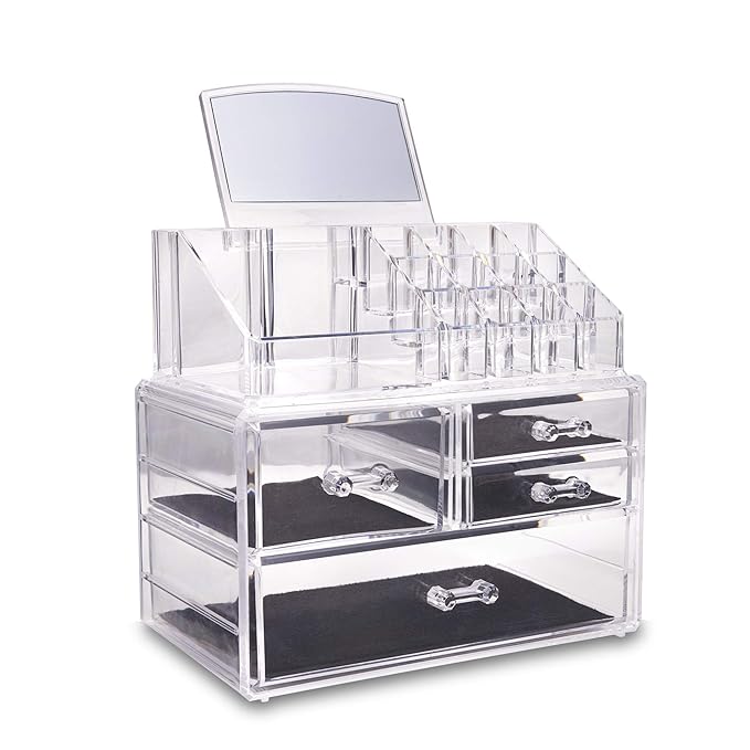 Organizador de maquillaje y joyas con espejo desmontable y grandes cajones para almacenamiento.