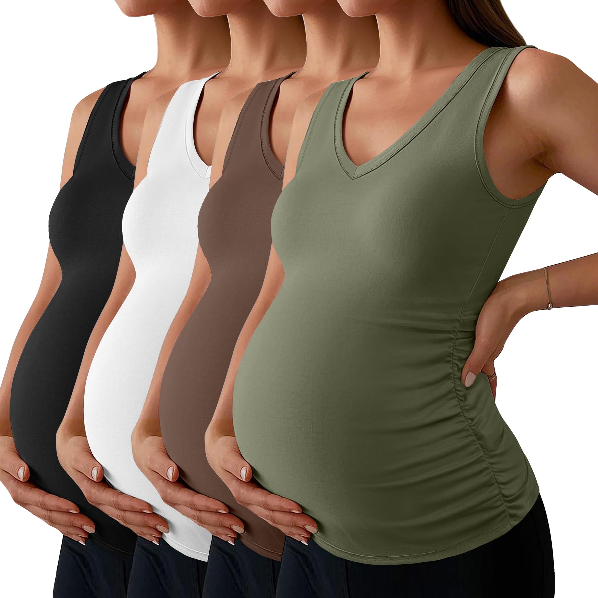 Photo 1 of Ficerd 4 Pack Women's Maternity Tank Tops V Neck Summer Side Ruched Sleeveless Cotton Basic Pregnancy Shirts(Gray Green, Coffee, White, Black,Small)