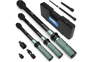DISEN 9PCS Click Torque Wrench Set 1/4" 3/8" 1/2" Drive 20-220 In.lb, 5-45 Ft.lb, 10-170 Ft.lb with 6 Adapters, ±3% Accuracy, 72-Tooth, Dual Scale, Storage Case for Bike, Motorcycle, Car, Truck Repair