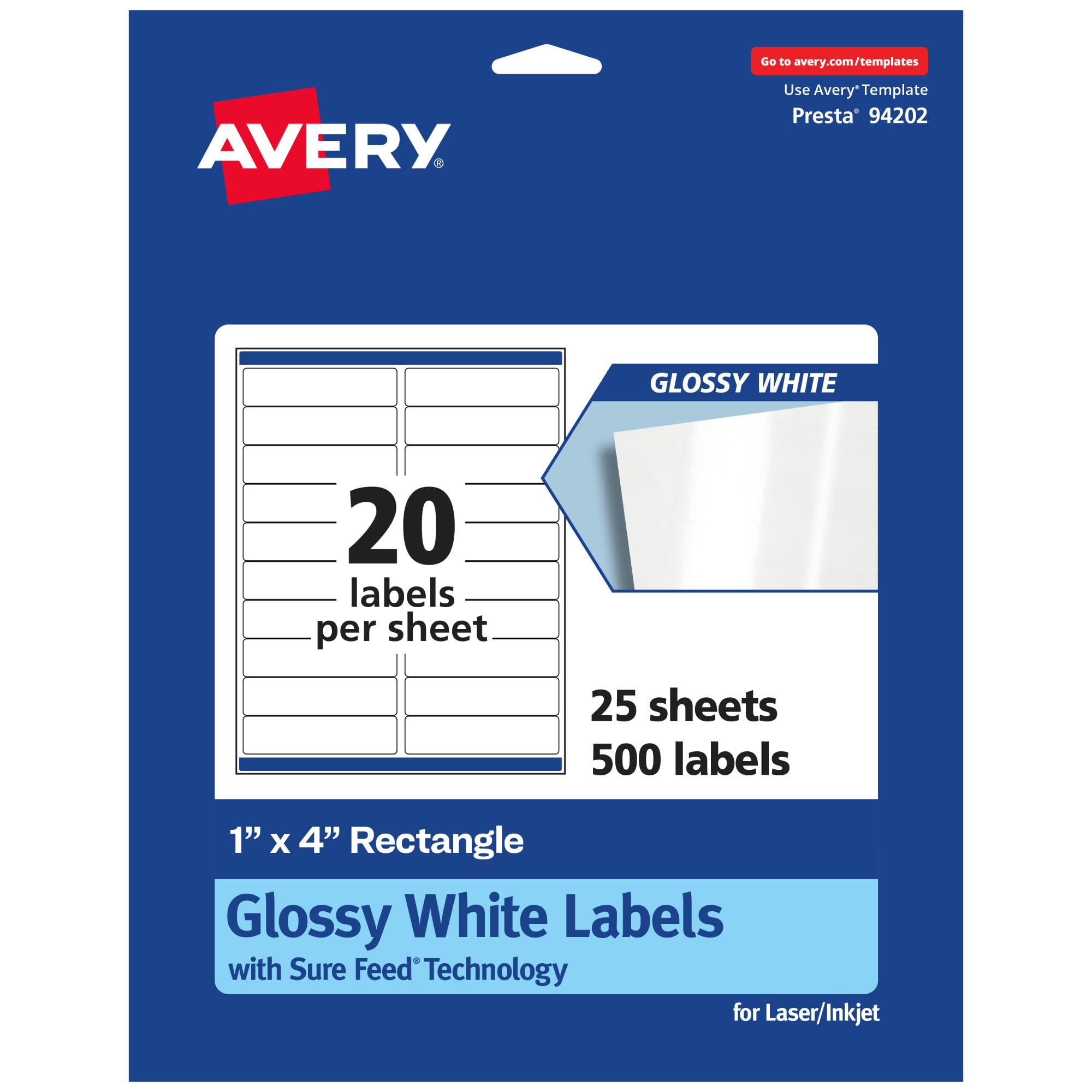 Avery Rectangle Labels, Sure Feed Technology, 1″ x 4″, 500 Glossy White Labels (36452)