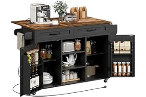 RALGEND Kitchen Island with Power Outlets & Drop Leaf, Kitchen Cart with Storage, Drawer and Spice Rack, Tower Rack, Island Table, Black and Rustic Brown