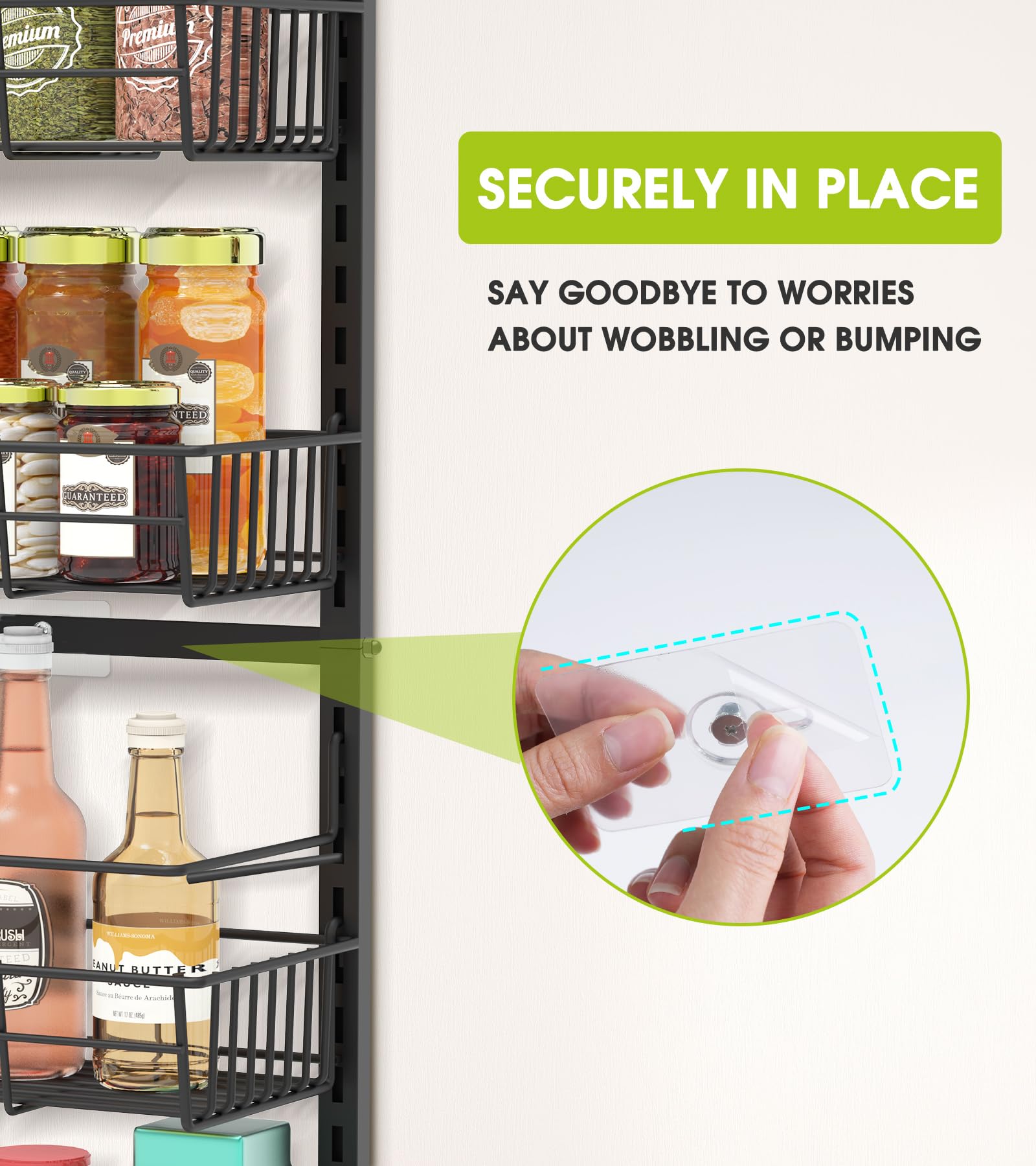 Over The Door Pantry Organizer, Pantry Storage and Organization, 6-Tier Adjustable Hanging Baskets, Metal Wall Mount Spice Rack Seasoning Shelves for Home & Kitchen, Laundry Bathroom - Black