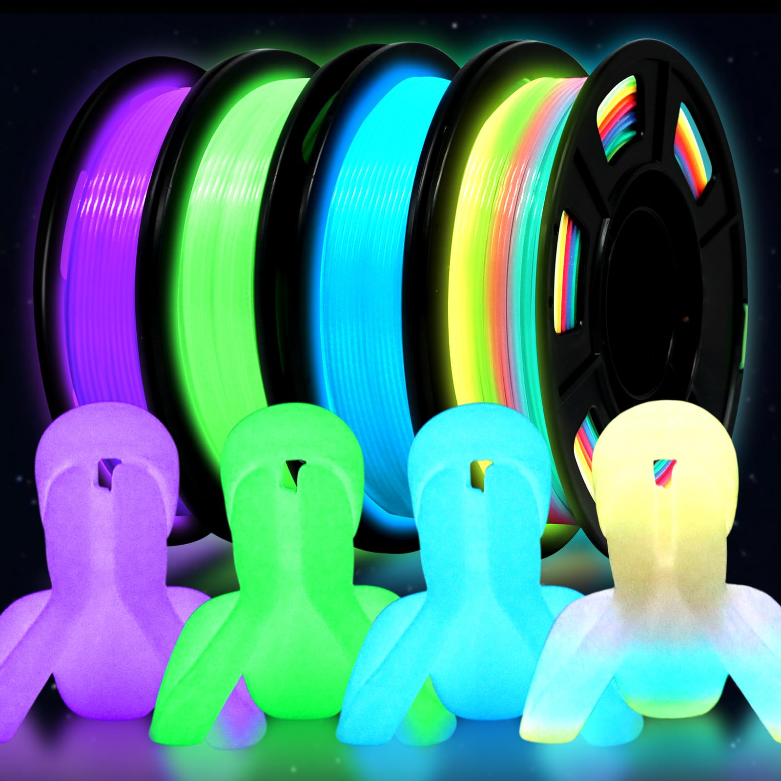 Reprapper 暗闇で光る/蓄光 3Dプリンターフィラメント 1.75mm PLA バンドル 4色セット（グリーン/ブルー/パープル/レインボー）250g×4 高精度±0.03mm 蛍光・蓄光素材使用商品画像