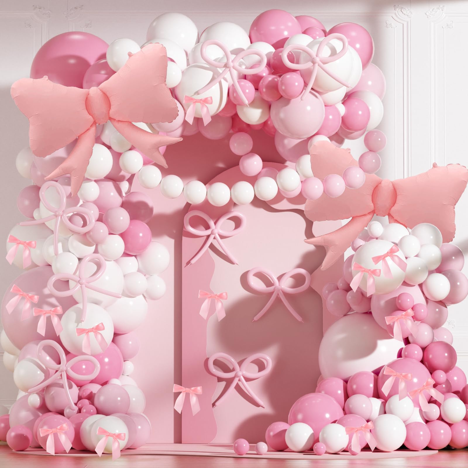 Photo 1 of 200Pcs Pink & White Bow Balloon Arch Kit | 18" 12" 10" 5" Balloons with Foil Bows for Bachelorette, Coquette Birthday, Bridal Shower & Engagement Decorations