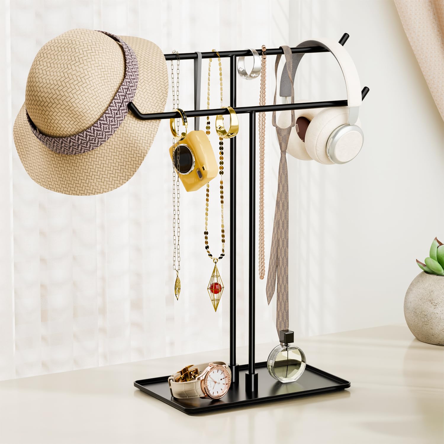 Bussdis Necklace Stand: Black Metal Necklace Organizer for Home Decor