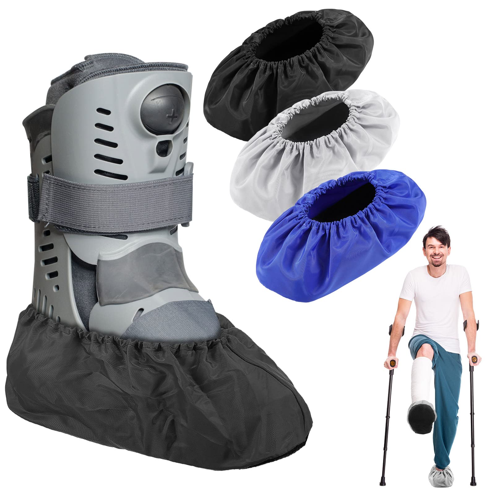Photo 1 of Mepase 12 Pieces Fracture Walking Boot Cover, Reusable Waterproof Non-Skid Foot Brace Cover for Walking Boot Cast Rain, Black Gray Blue(12.6 x 4.72 Inches)