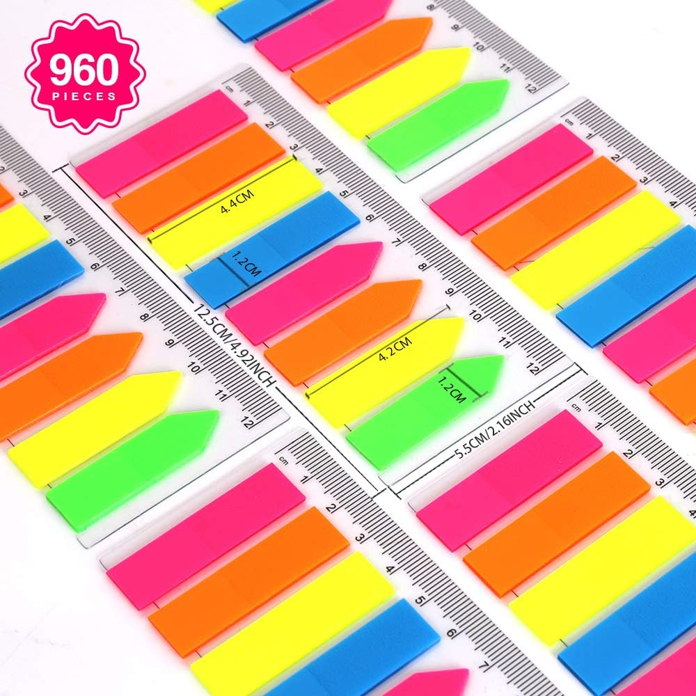 960 Pieces Neon Page Markers, FANDAMEI 6 Sets Translucent Page Flags Fluorescent Index Tabs Sticky Notes Tabs with 12 cm Measurement for Page Marker : Office Products
