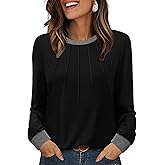 XIEERDUO Womens Long Sleeve Tops Color Block Casual Crewneck Tops Tshirt Basic Tee Fall Fashion Clothes Trendy Outfits