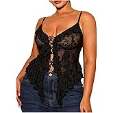 SHENHE Women's Plus Size Sexy Open Front Lace Up Sheer Mesh Ruffle Trim Y2k Top Camisole Tank