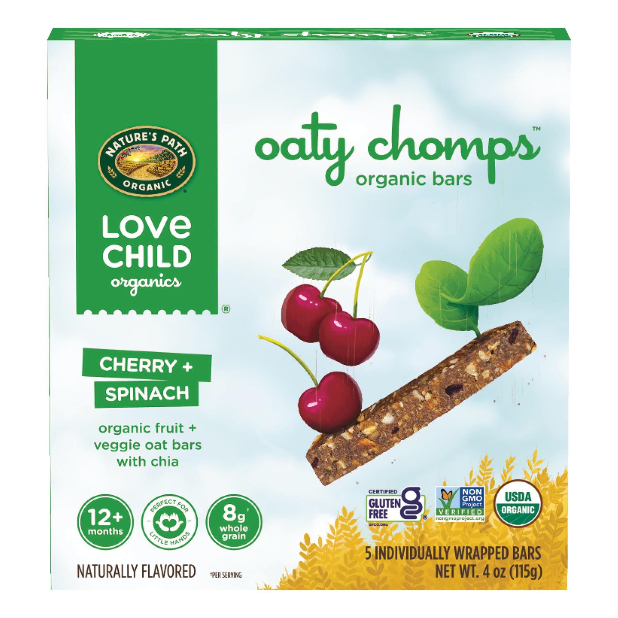 Love Child Organics Oaty Chomps Cherry + Spinach Snack Bars, 4 oz (Pack of 8), Gluten Free, Non-GMO, by Nature’s Path