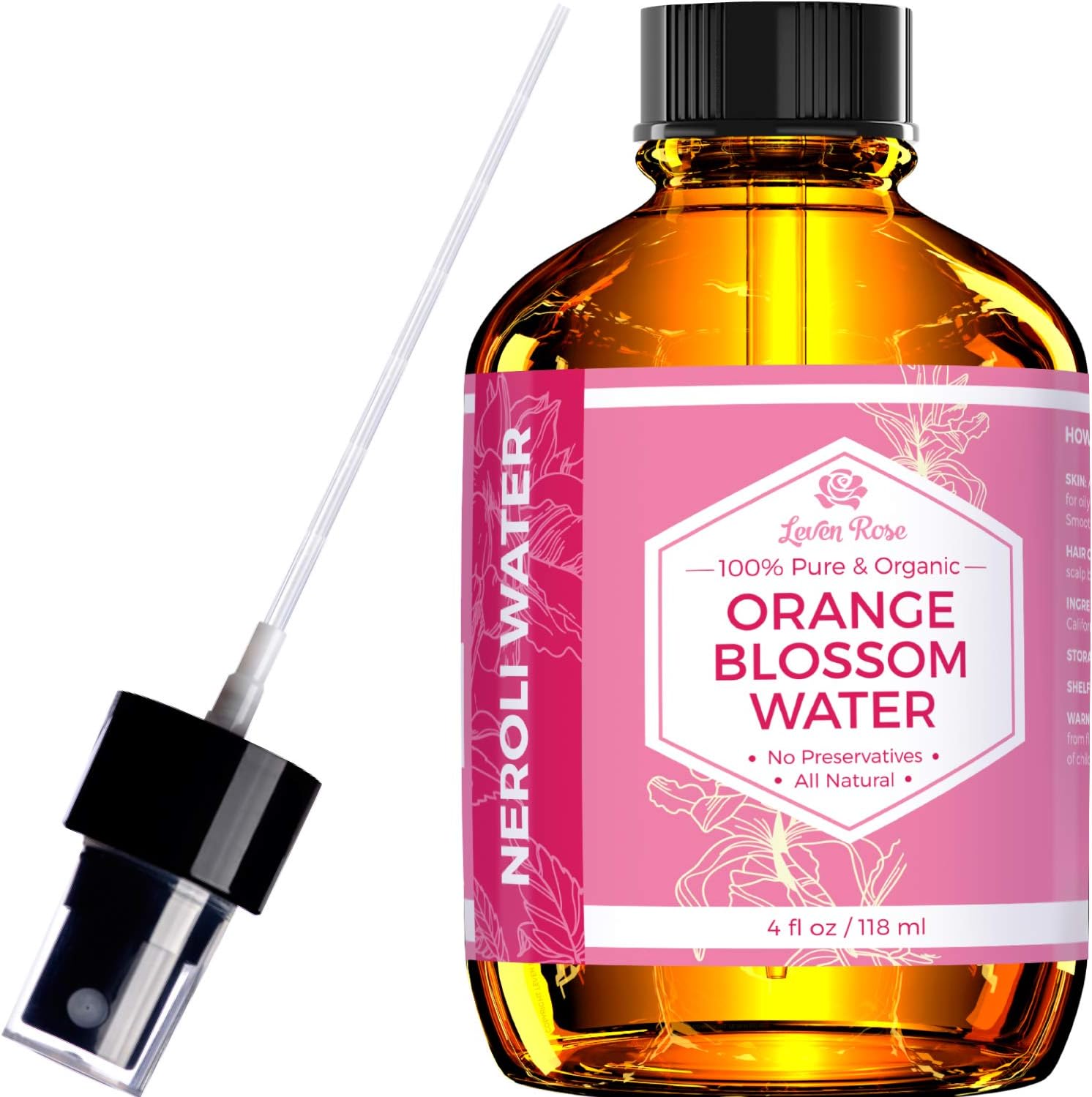 Orange Blossom Water Facial Toner by Leven Rose, 100% Pure Organic Neroli Water Hydrosol Face Spray Natural for Clear Skin Restoring PH and Breakouts 4 oz (Orange Blossom)
