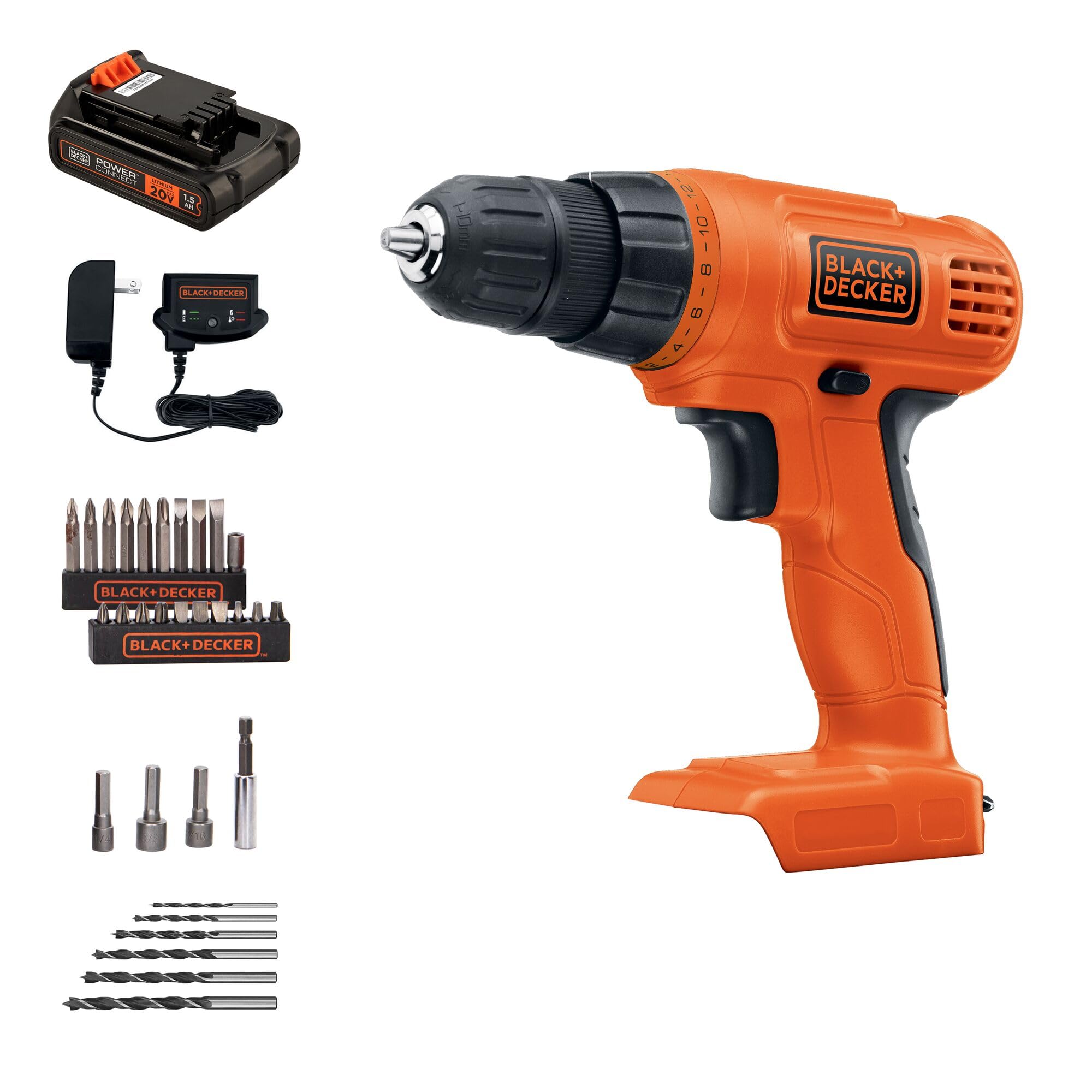 Photo 1 of BLACK+DECKER 20V MAX POWERCONNECT Power Drill Cordless Drill Driver Electric Screwdriver with 30 Piece Bit Set and Drivers Kit, Battery and Charger Included (LD120VA)