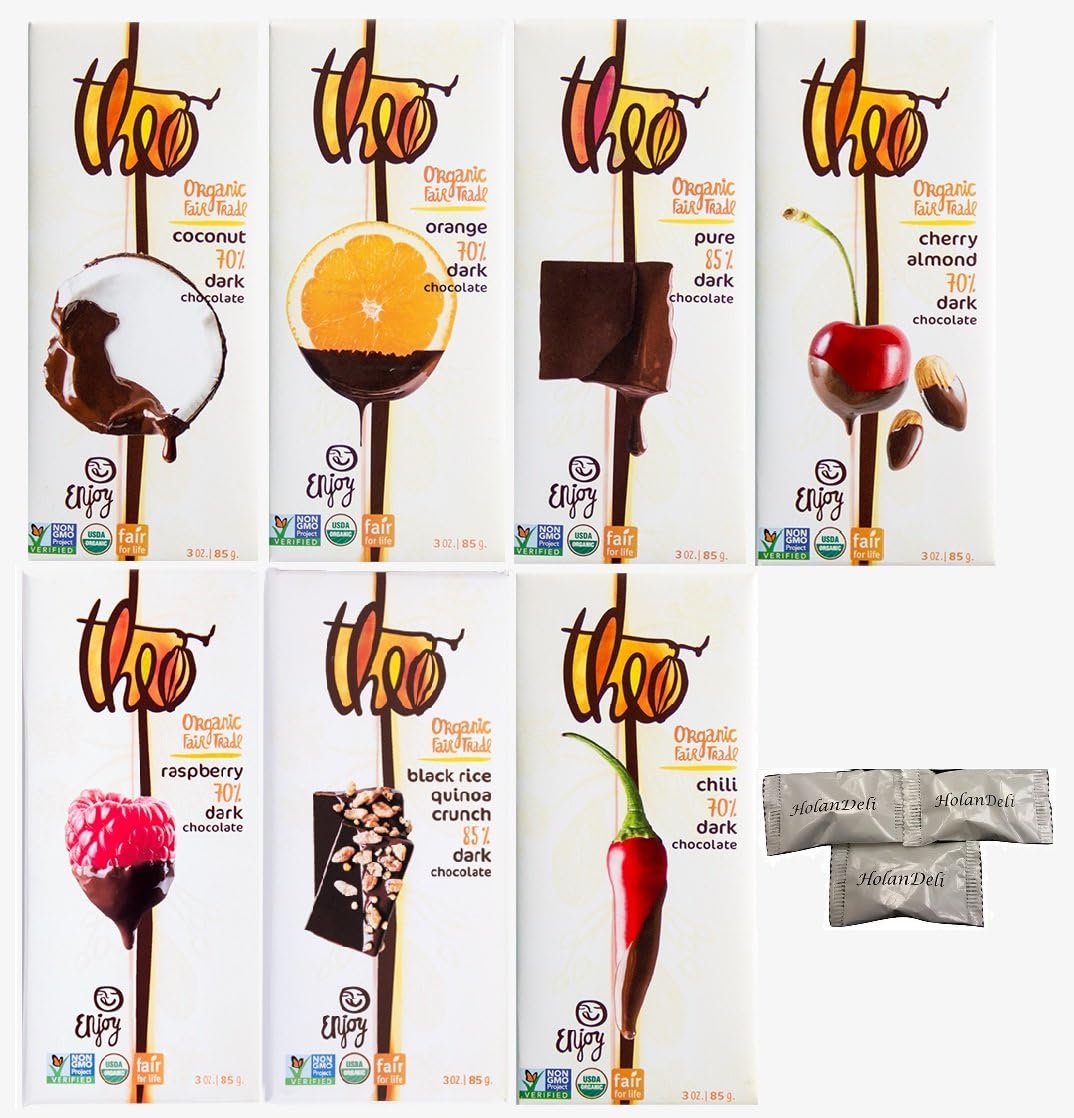 Assorted Theo Organic Chocolate 7 Flavors (Dark Coconut 70%, Dark Orange 70%, Pure Dark 85%, Cherry Almond 70%, Raspberry Dark 70%, Black Rice Quinoa Crunch, Chili Dark 70%). Includes HolanDeli Mints