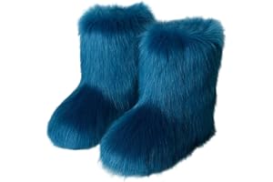 YESBOR Women's Faux Fur Boots Fluffy Mid-Calf Fuzzy Winter Snow Boots Outdoor Flat Shoes