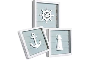 TIDE AND TALES TideAndTales 3D Nautical Wall Decor (7"x7") Coastal Theme Home Decoration with Anchor, Lighthouse and Ship Wheel - Rustic Ocean Inspired Bathroom - Nautical Gifts - Framed Set of 3
