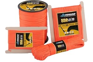 FISHLUND Paracord 550 lb, 7 Strand Type III Paracord Rope 50ft 4mm, High Strength Nylon Parachute Cord for Camping, Survival, Tactical and Hiking, Neon Orange