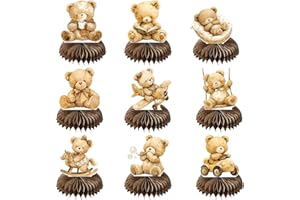 Volumoon 9 PCS Teddy Bear Party Decoration, Honeycomb Brown Bears Centerpieces, Cartoon Paper Cake Topper, Party Table Access