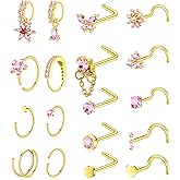 BSJ4U Gold Plated Silver Nose Rings for Women Men Stainless Steel Hypoallergenic Nose Piercing Jewelry 20G L Shaped Corkscrew Nose Rings Hoops Heart Butterfly Flower CZ Nose Studs