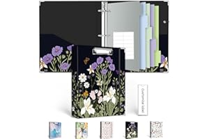 Mini Binder 3 Ring 1 Inch for 5.5"x8.5" Paper, Cute Small Three Ring Binders with Clipboard, 5-Tab Dividers, Spine ID Label Holder, BVSSX A5 Binder with Pen Holder, Black Weeds