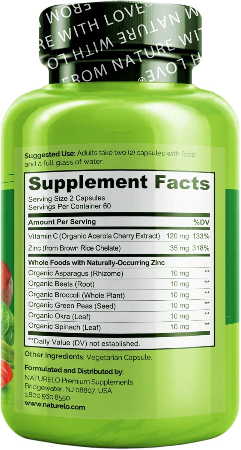NATURELO Vegan Zinc Whole Food Complex Supplement with Vitamin C, 120 Capsules: Health & Personal Care