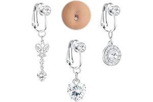 JeryWe 3 PCS Fake Belly Ring for Women - Clip On Belly Button Rings With CZ Snake Butterfly Design - Faux Navel Piercing in S