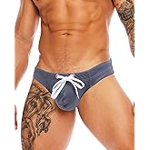 MIZOK Mens Sexy T-Back Thong Swimsuit G String Pouch Swimwear Quick Dry Bikini with Drawstring