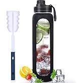 GIEMIT Glass Water Bottles 32oz with Silicone Sleeve Drinking Hydration Bottles Reusable Borosilicate Wide Mouth Motivational Water Flask Canteen with Time Marker Spout Lid and Brush