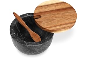 HESHIBI Marble Salt Cellar Box with Wood Lid & Spoon, Modern Black Stone Salt or Pepper Sugar Spice Seasoning Bowl Container 