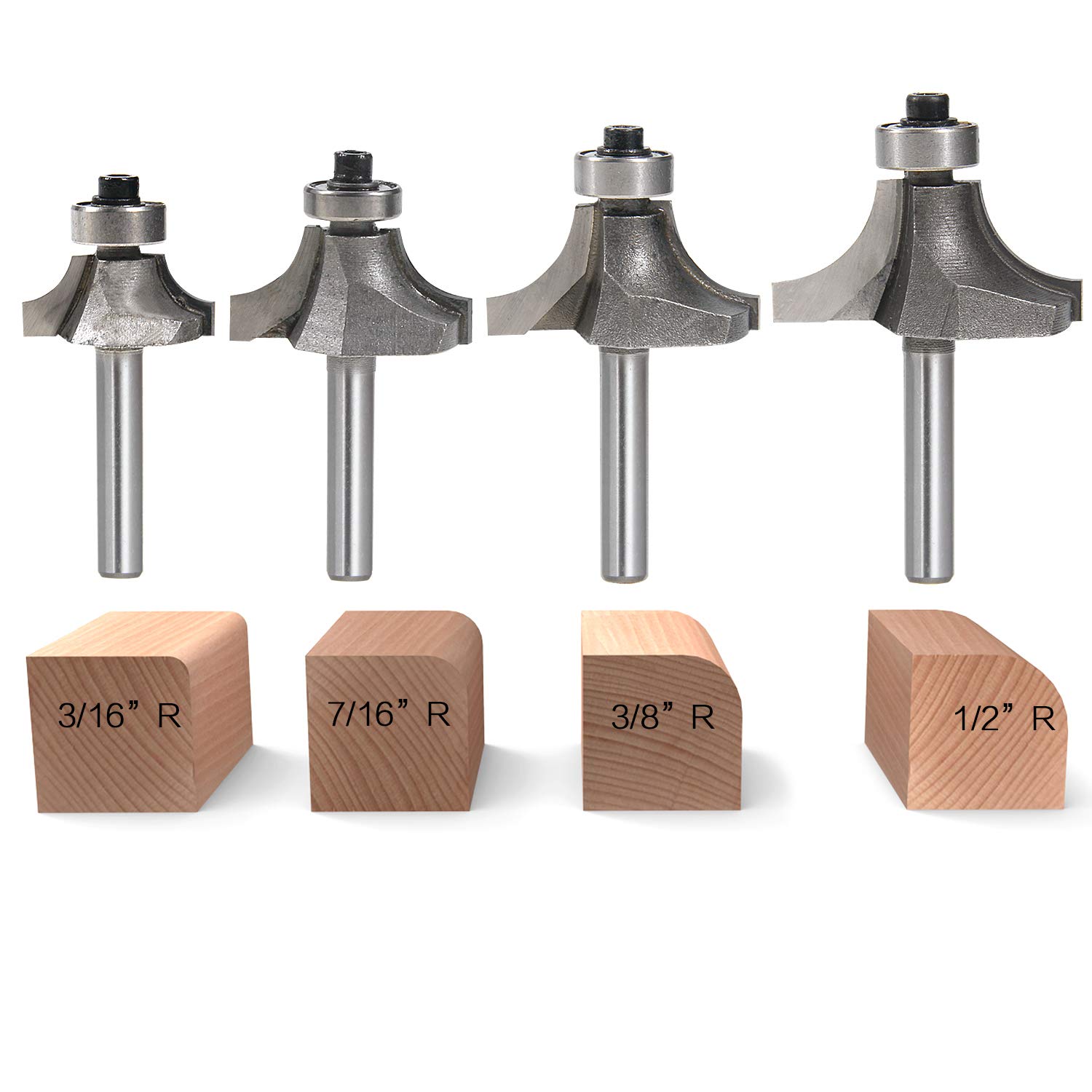 1/4 Inch Shank Round-Over Router Bits Corner Rounding Edge-Forming Roundover Beading Router Bit Set - 3/16" 7/16" 3/8" 1/2" Radius 4 Pcs