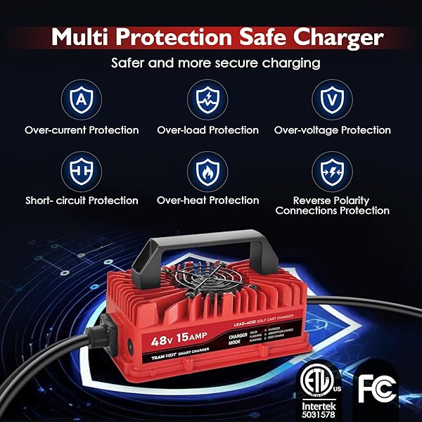 TRAMROOT 15 AMP GOLF CART CHARGER FOR 48 VOLT CLUB CAR DS & PRECEDENT LEAD ACID BATTERY WITH UPGRADED 3-PIN ROUND PLUG