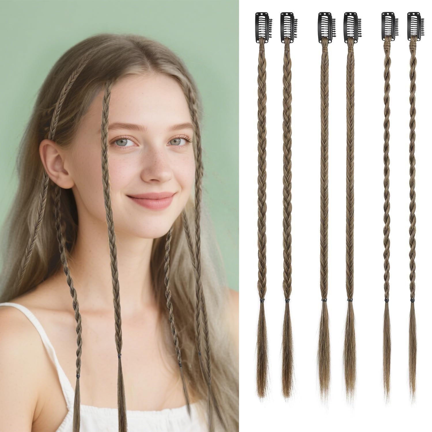 Photo 1 of XUENMB 6PCS Braid Hair Extensions Clip in Braid Extensions for Women Natural Synthetic Braided Hairpieces Statement Blonde Braids for Daily Costume Party (Light Ash Brown with Highlights)