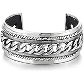 COOLSTEELANDBEYOND Mens Stainless Steel Curb Chain Bangle Bracelelt, Masculine Wide Cuff Bracelet with Braided Border and Antiqued Finish
