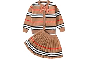 Xanbix Toddler Girl Children's Clothing - Autumn Fall Winter Long Sleeve Button Sweater Top Pleated Skirt Set - Ribbed Knit