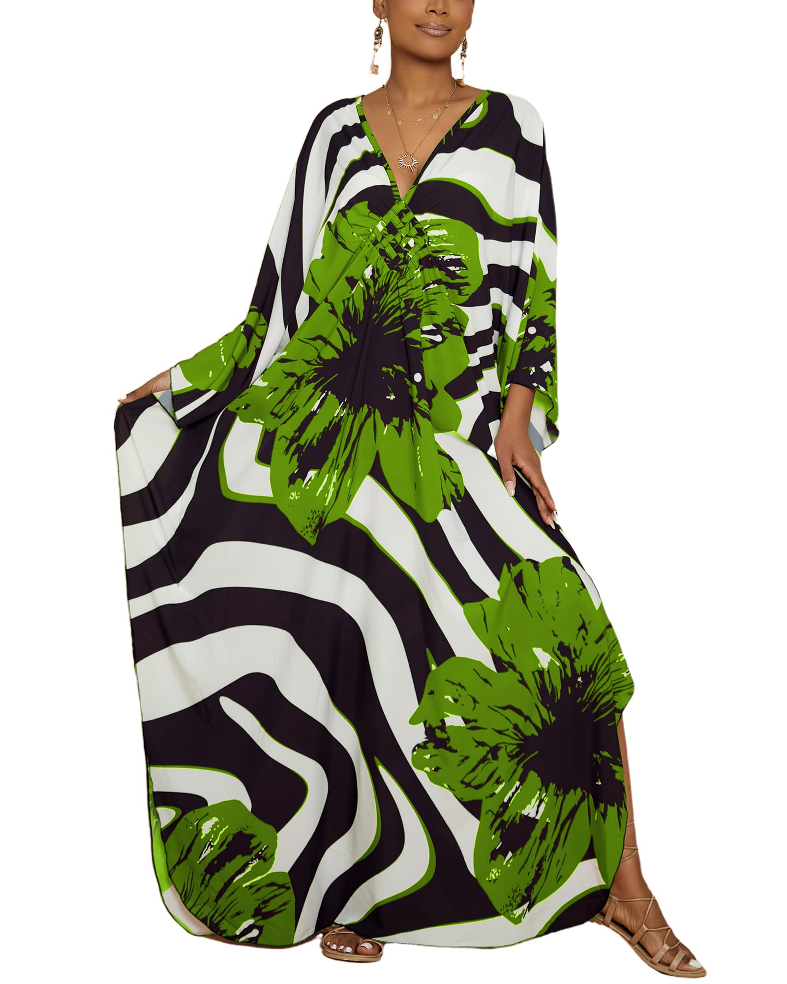 Bsubseach Moo Moos for Women Summer V Neck Batwing Sleeve Bathing Suit Cover Up Print Plus Size Beach Cover Ups Trendy Kaftan Dresses Kelly Green Flowers Image