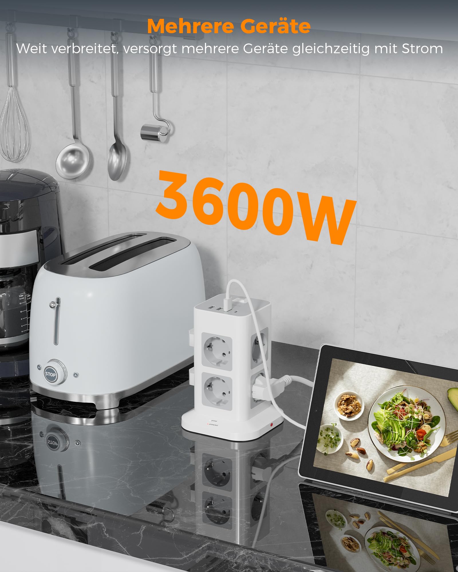 TESSAN 8 Fach Mehrfachsteckdose mit USB C, Verlängerungskabel 5M mit 4 USB und Steckdosenleiste Überspannungsschutz, 3600W Steckdosenturm mit Schalter, Steckdosenwürfel für Büro, Grau 6