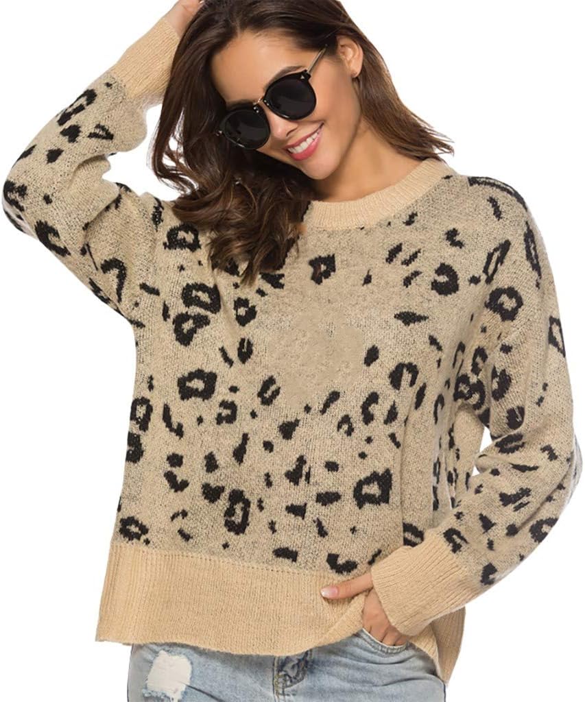 Womens Oversize Pullover Leopard Print Long Sleeve Round Neck Knitting Warm Sweater Blouse Tops