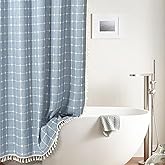 WEGOMA Boho Bathroom Shower Curtain Rustic Farmhouse Shower Curtain Set with 12 Hooks Modern Rustic Shower Curtain Trim with Tassels -Blue-72 X 72