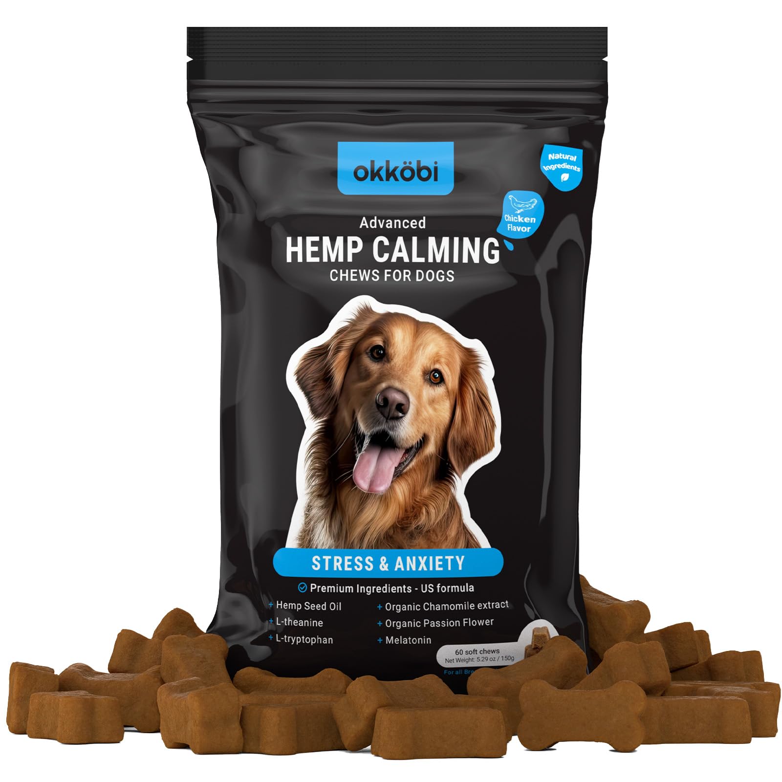 Photo 1 of Calming Chews for Dogs Anxiety 60 pcs - Chicken Flavored - Dog Anxiety Relief - Dog Calming Chews - Melatonin for Dogs - for Stress, Travel, Check-up, Barking or Grooming - Dog Calming Treats BB 11/26