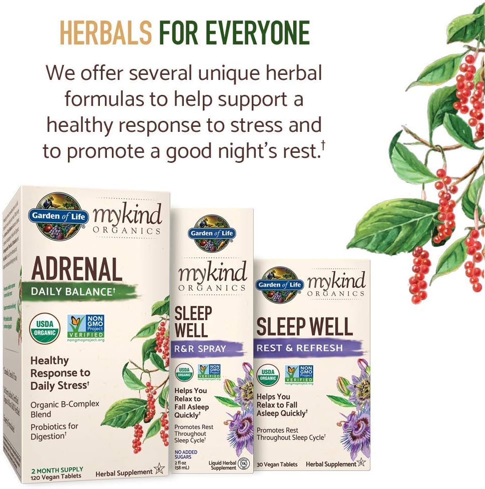 Garden of Life mykind Organics Adrenal Daily Balance 120 Tablets-Healthy Stress Response-Adaptogenic Herbs Ashwagandha, Holy Basil, B-Complex, Probiotics, Organic Non-GMO Vegan Gluten Free Supplement: Health & Personal Care
